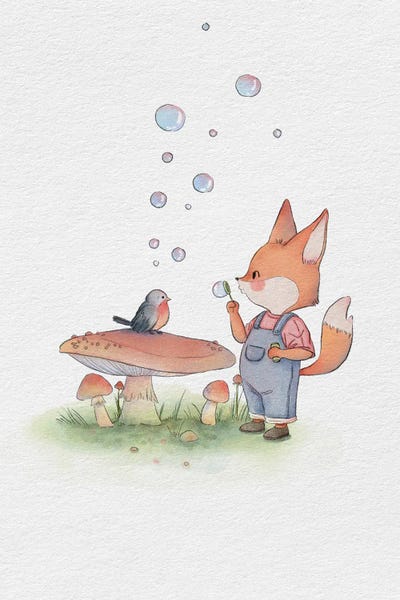 All Greens - Canvas Prints: Playful Fox Blowing Bubbles by Xuan Thai