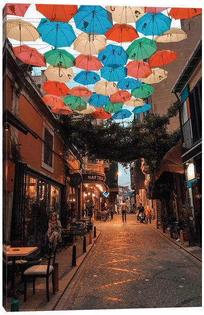 Balat Night Umbrella Canvas Art Print - Mustafa Tayfun Özcan