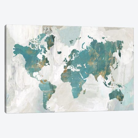 Teal World Map  Canvas Print #PAC6} by Pamela Collabera Art Print