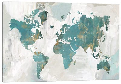 Teal World Map  Canvas Art Print - Best Selling Map Art