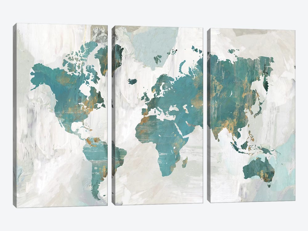 Teal World Map  by Pamela Collabera 3-piece Canvas Art Print