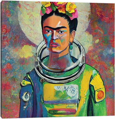 Frida In Spacesuit With Full Moon Canvas Art Print - Frida Kahlo