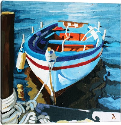 Boat With Red Stripe Canvas Art Print - Melinda Patrick
