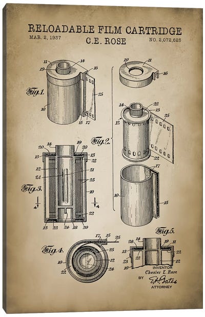 Reloadable Film Cartridge, Beige Canvas Art Print - PatentPrintStore