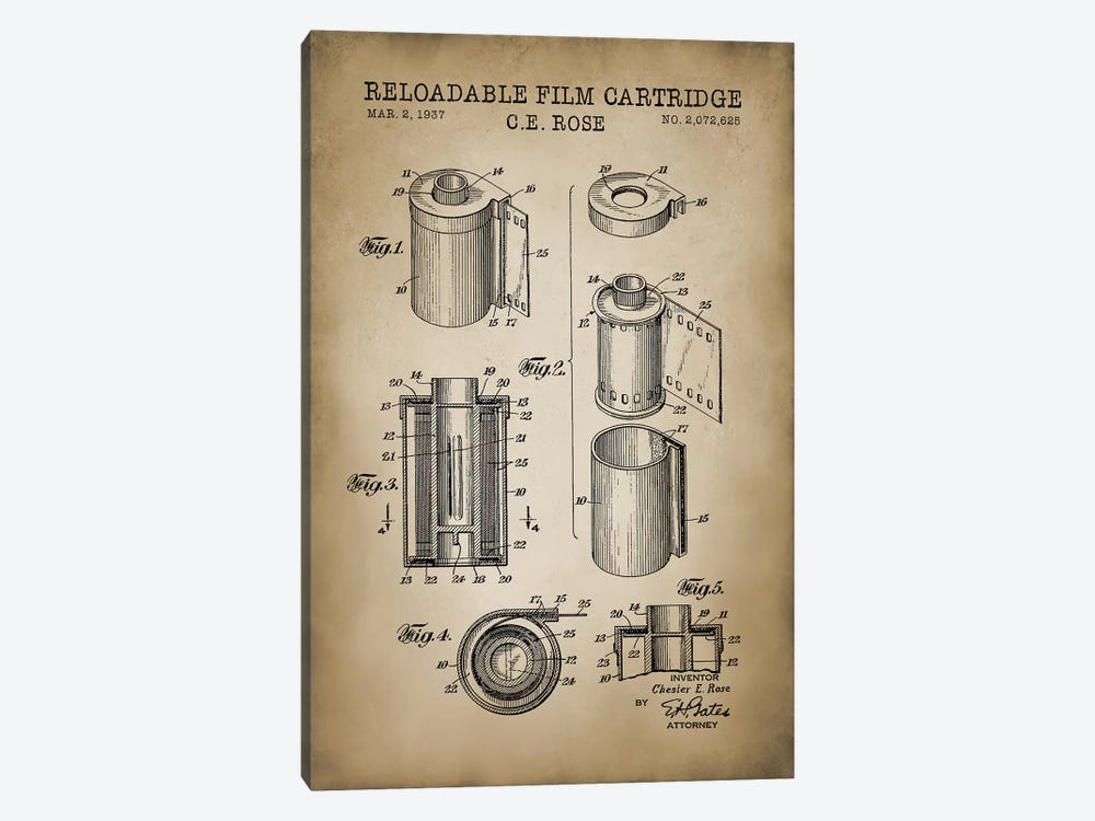 Reloadable Film Cartridge, Beige by PatentPrintStore 1-piece Canvas Artwork