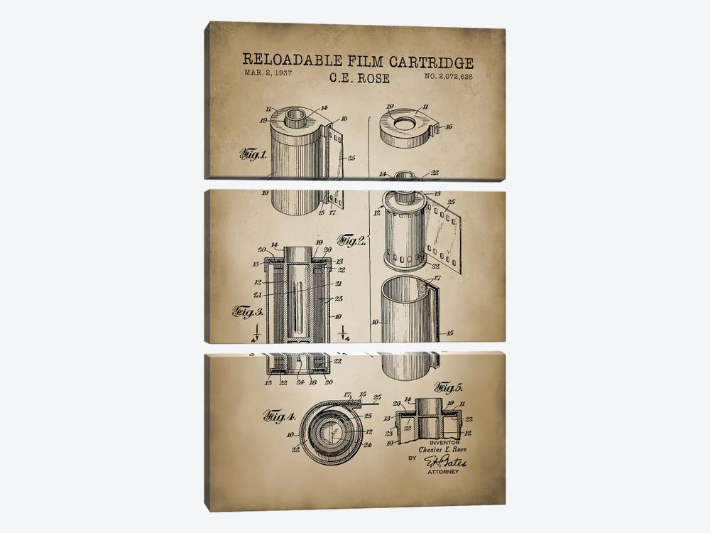 Reloadable Film Cartridge, Beige by PatentPrintStore 3-piece Canvas Wall Art