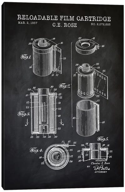 Reloadable Film Cartridge, Black Canvas Art Print - PatentPrintStore