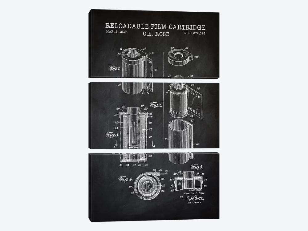 Reloadable Film Cartridge, Black by PatentPrintStore 3-piece Canvas Art Print