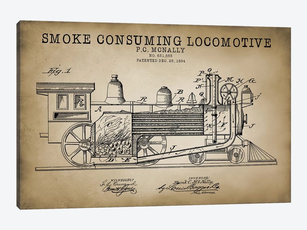 Smoke Consuming Locomotive, 1894, Beige by PatentPrintStore 1-piece Canvas Art Print