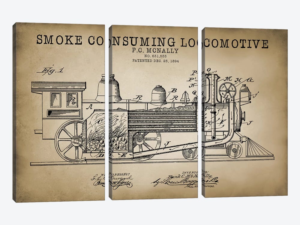 Smoke Consuming Locomotive, 1894, Beige by PatentPrintStore 3-piece Canvas Print