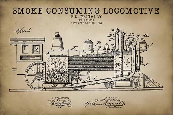Engineering & Machinery Blueprints: Smoke Consuming Locomotive, 1894, Beige by PatentPrintStore