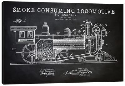 Smoke Consuming Locomotive, 1894, Black Canvas Art Print - Engineering & Machinery Blueprints