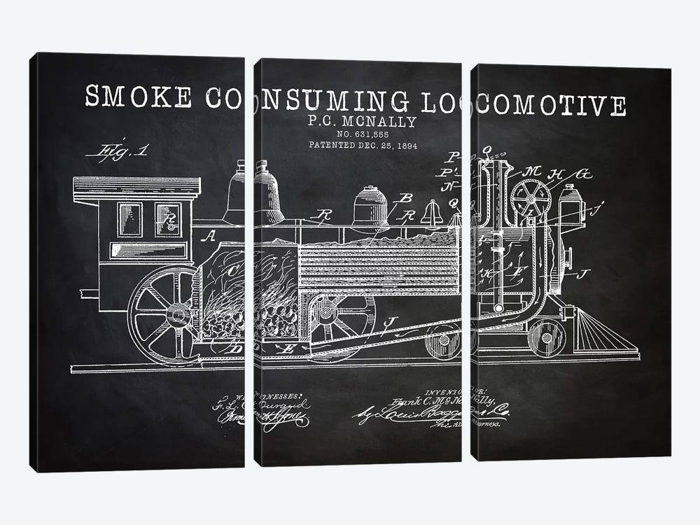 Smoke Consuming Locomotive, 1894, Black by PatentPrintStore 3-piece Canvas Art