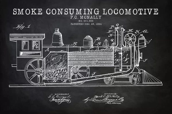 Engineering & Machinery Blueprints: Smoke Consuming Locomotive, 1894, Black by PatentPrintStore