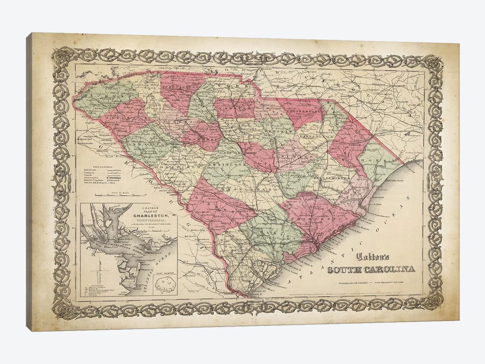 South Carolina Map, 1865 by PatentPrintStore 1-piece Canvas Print