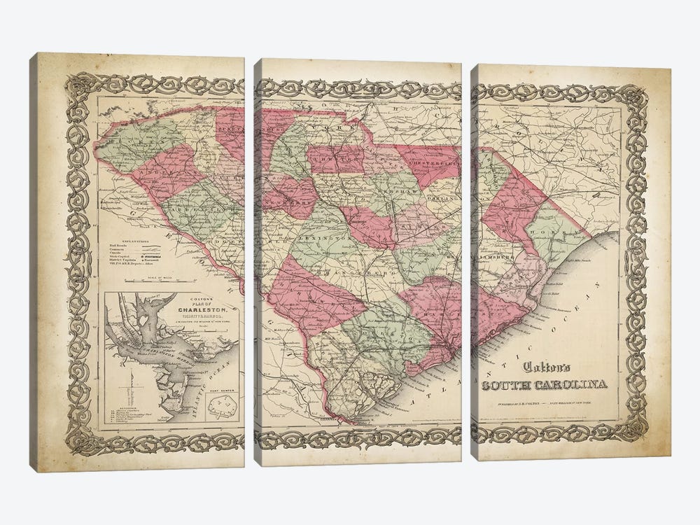 South Carolina Map, 1865 by PatentPrintStore 3-piece Canvas Art Print