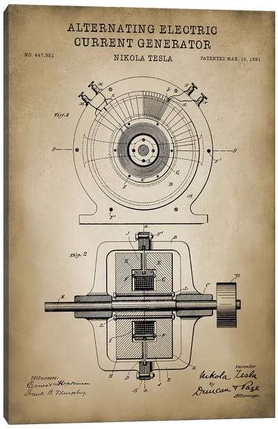 Tesla Alternating Electric Current Generator, Beige Canvas Art Print - Engineering & Machinery Blueprints