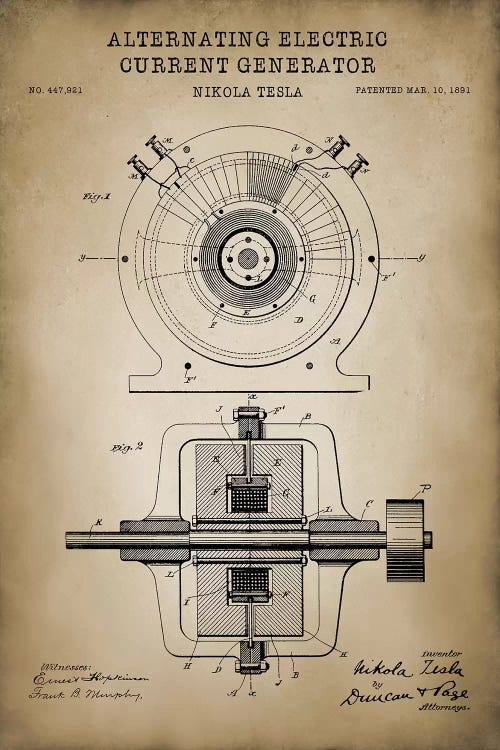 Tesla Alternating Electric Current Generator, Beige by PatentPrintStore wall art