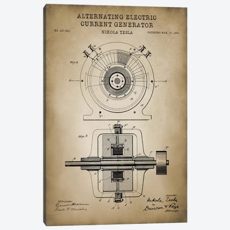 Tesla Alternating Electric Current Generator, Beige Canvas Print #PAT121} by PatentPrintStore Art Print