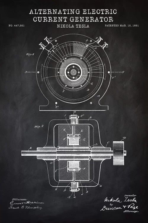 Tesla Alternating Electric Current Generator, Black by PatentPrintStore wall art