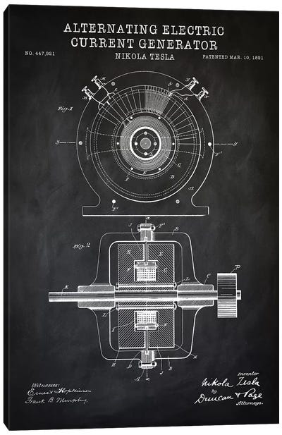 Tesla Alternating Electric Current Generator, Black Canvas Art Print - Engineering & Machinery Blueprints