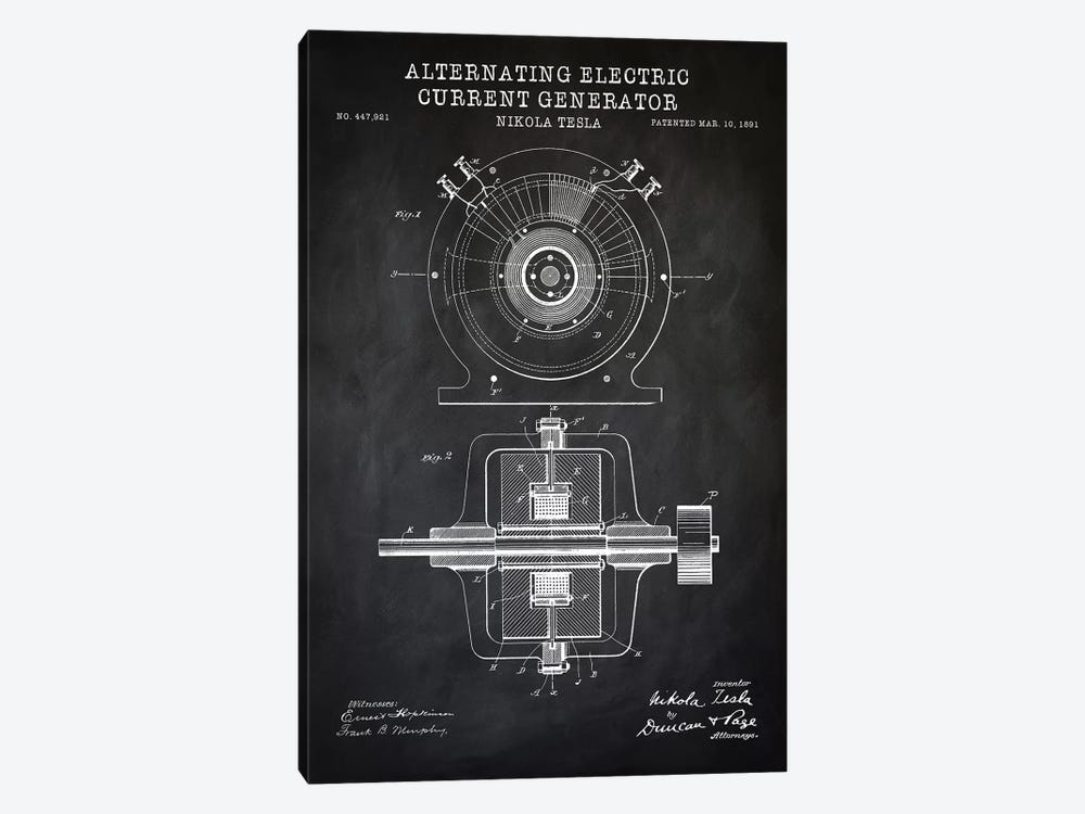 Tesla Alternating Electric Current Generator, Black by PatentPrintStore 1-piece Canvas Print