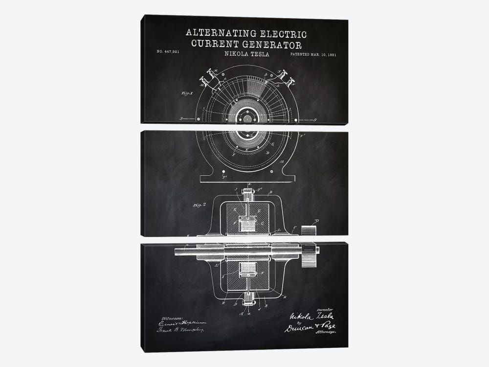 Tesla Alternating Electric Current Generator, Black by PatentPrintStore 3-piece Art Print