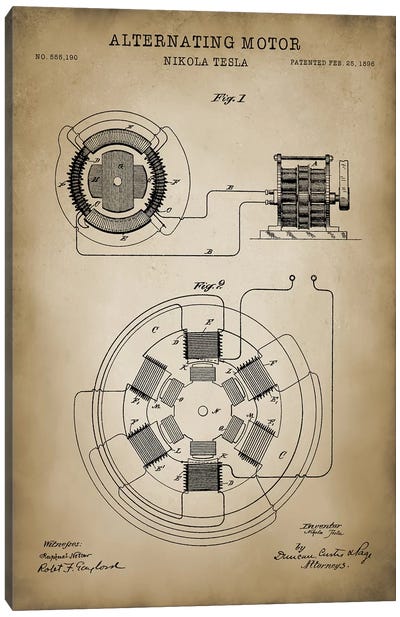 Tesla Alternating Motor Canvas Art Print - Electronics & Communication Blueprints