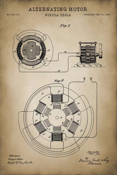 Engineering & Machinery Blueprints: Tesla Alternating Motor by PatentPrintStore