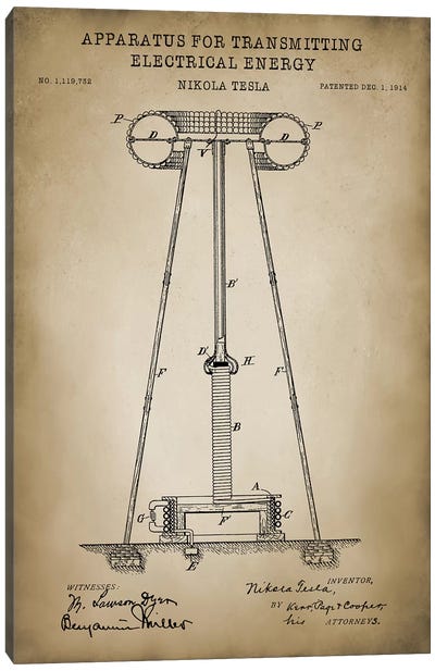 Tesla Apparatus For Transmitting Electrical Energy, Beige Canvas Art Print - Electronics & Communication Blueprints
