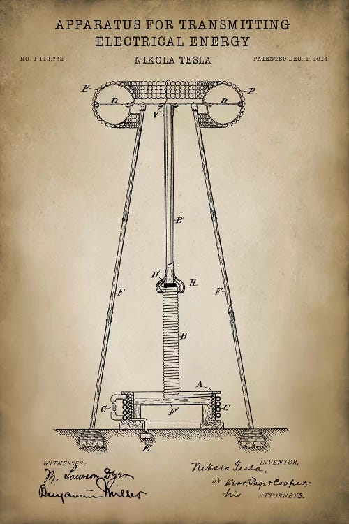 Tesla Apparatus For Transmitting Electrical Energy, Beige by PatentPrintStore wall art