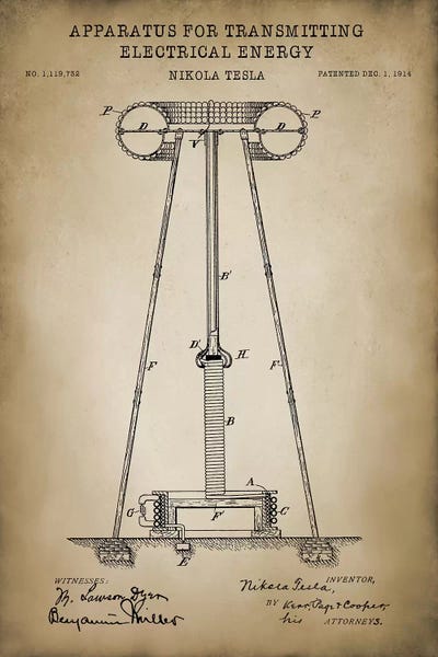 Engineering & Machinery Blueprints: Tesla Apparatus For Transmitting Electrical Energy, Beige by PatentPrintStore