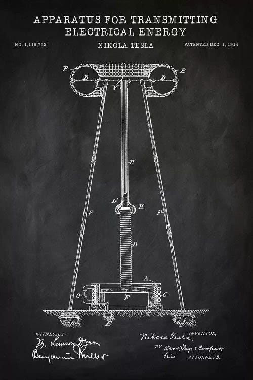 Tesla Apparatus For Transmitting Electrical Energy, Black by PatentPrintStore wall art