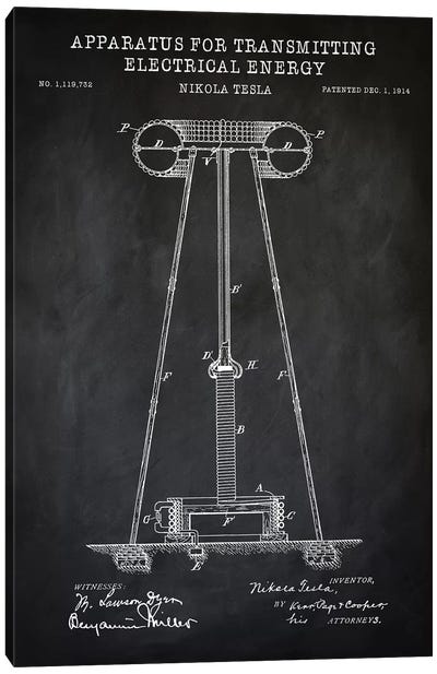 Tesla Apparatus For Transmitting Electrical Energy, Black Canvas Art Print - Engineering & Machinery Blueprints