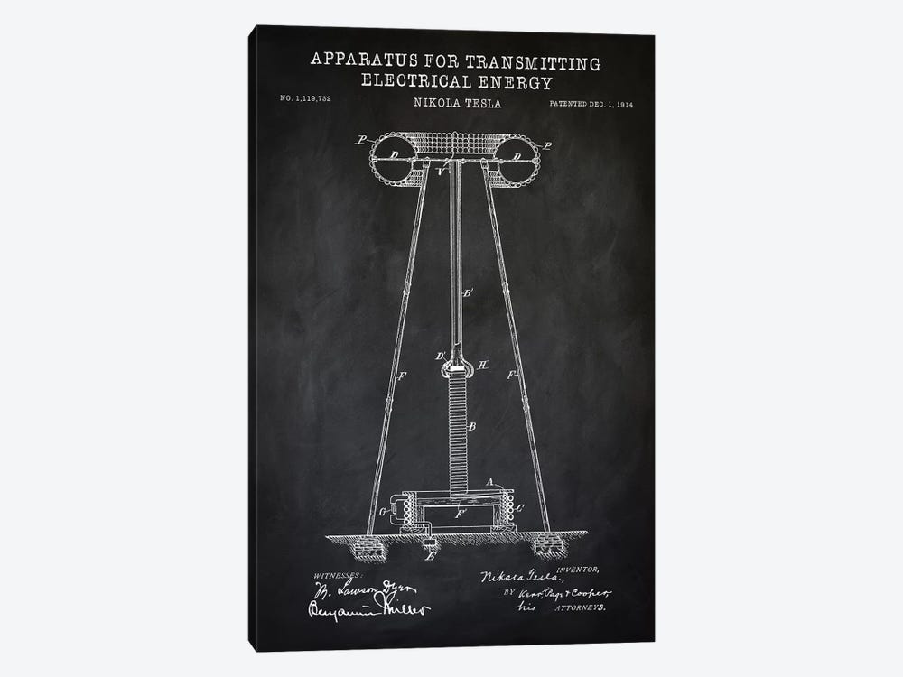 Tesla Apparatus For Transmitting Electrical Energy, Black by PatentPrintStore 1-piece Canvas Wall Art