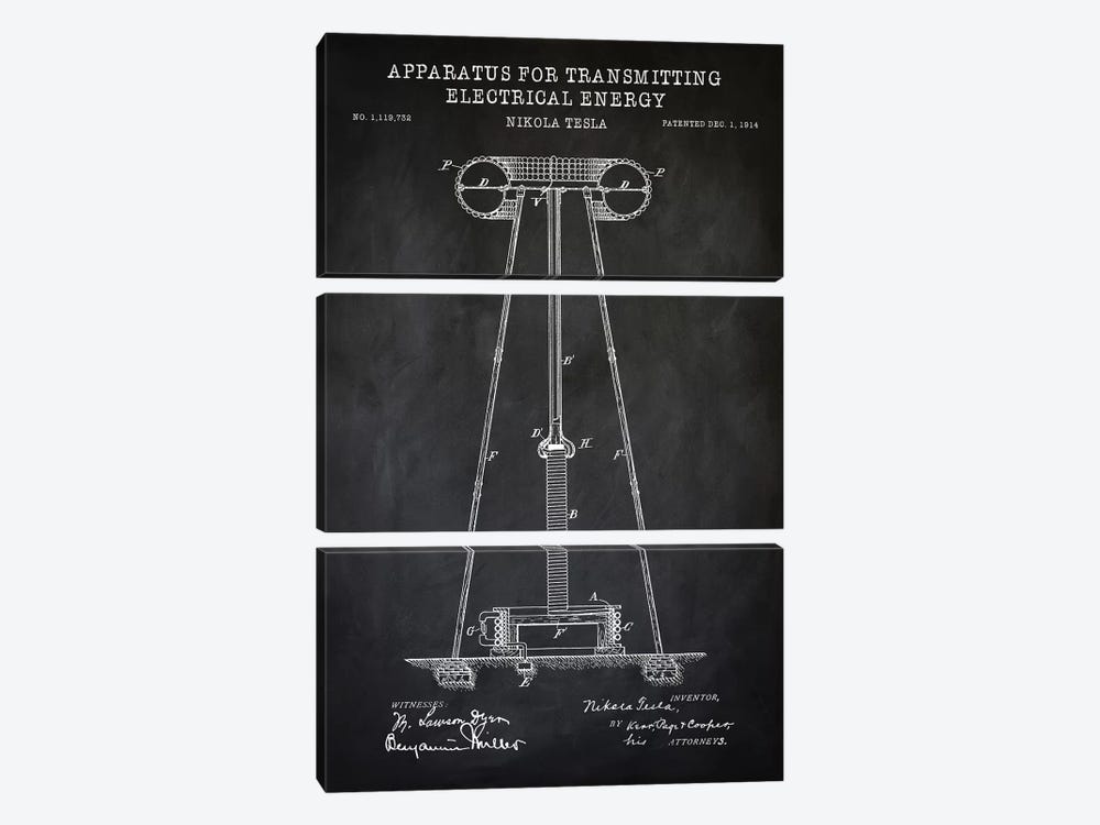 Tesla Apparatus For Transmitting Electrical Energy, Black by PatentPrintStore 3-piece Canvas Artwork