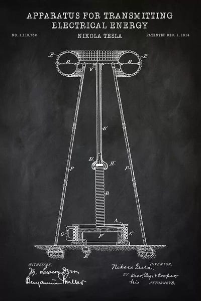 Science: Tesla Apparatus For Transmitting Electrical Energy, Black by PatentPrintStore