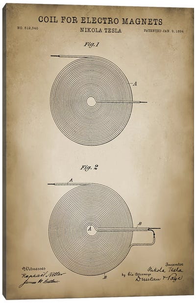 Tesla Coil For Electro Magnets Canvas Art Print - PatentPrintStore