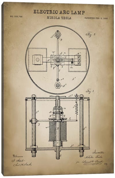 Tesla Electric Arc Lamp Canvas Art Print - PatentPrintStore