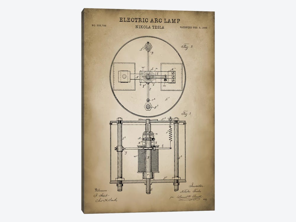 Tesla Electric Arc Lamp by PatentPrintStore 1-piece Canvas Artwork