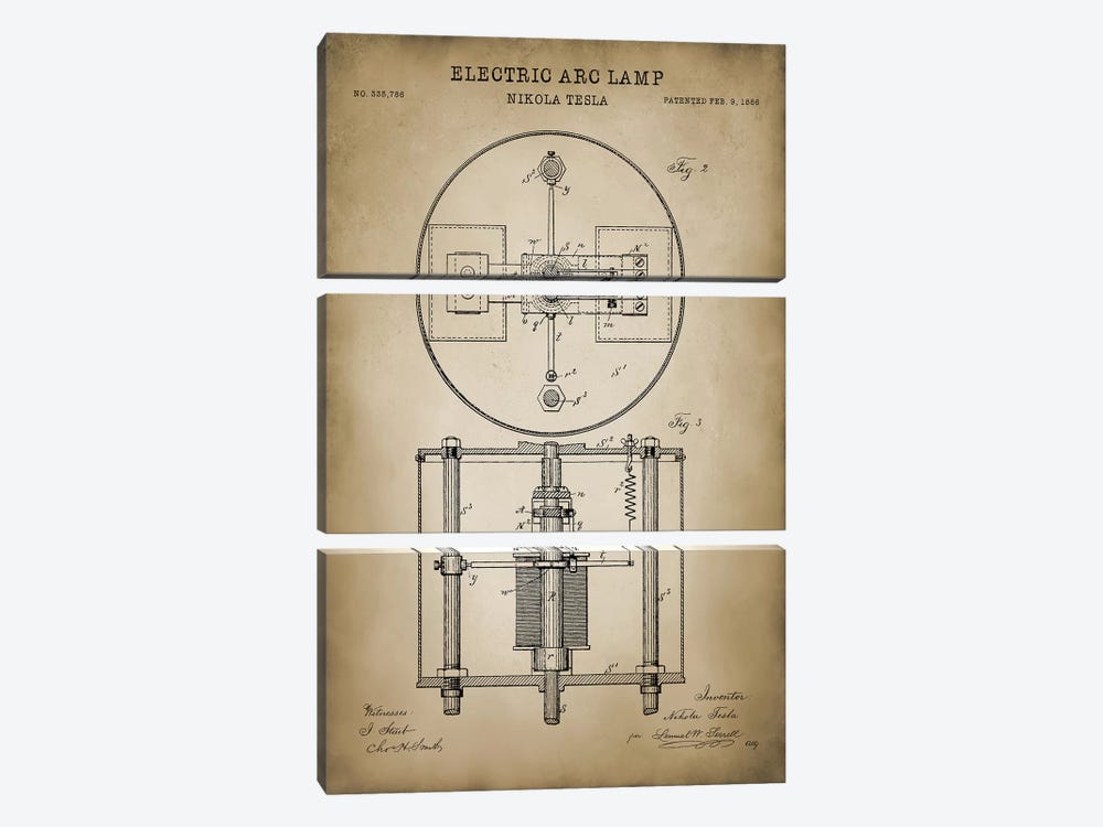 Tesla Electric Arc Lamp by PatentPrintStore 3-piece Canvas Artwork