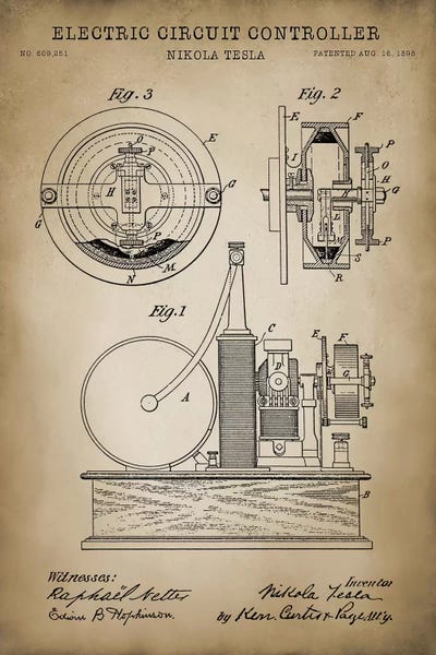 Tesla Electric Circuit Controller, Beige by PatentPrintStore framed wall art