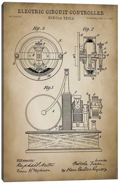 Tesla Electric Circuit Controller, Beige Canvas Art Print - Engineering & Machinery Blueprints