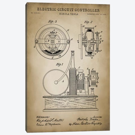 Tesla Electric Circuit Controller, Beige Canvas Print #PAT128} by PatentPrintStore Canvas Print