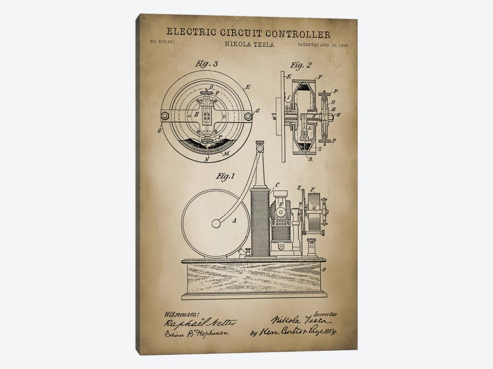 Tesla Electric Circuit Controller, Beige by PatentPrintStore 1-piece Canvas Art Print