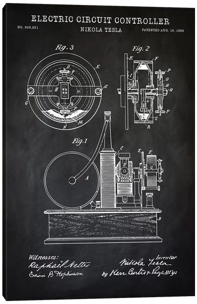 Tesla Electric Circuit Controller, Black Canvas Art Print - Blueprints & Patent Sketches