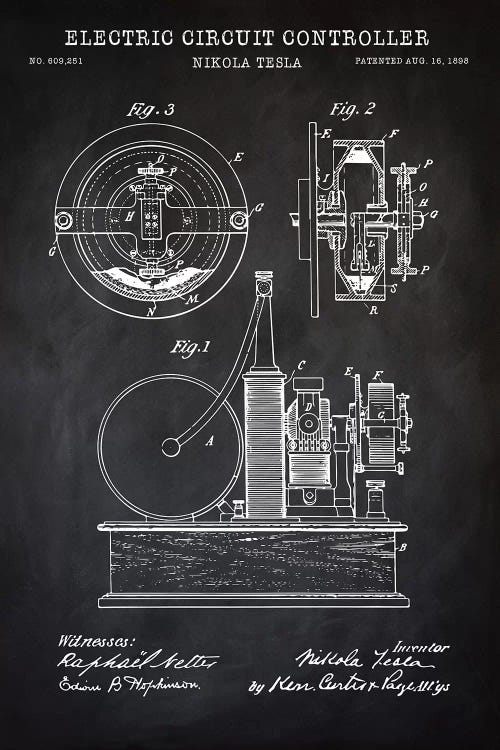 Tesla Electric Circuit Controller, Black by PatentPrintStore wall art