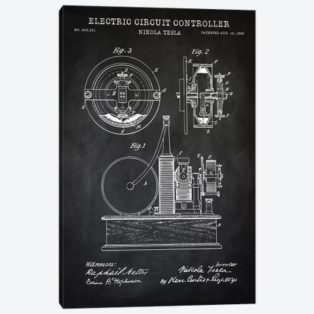 Tesla Electric Circuit Controller, Black Canvas Print #PAT129} by PatentPrintStore Canvas Art Print