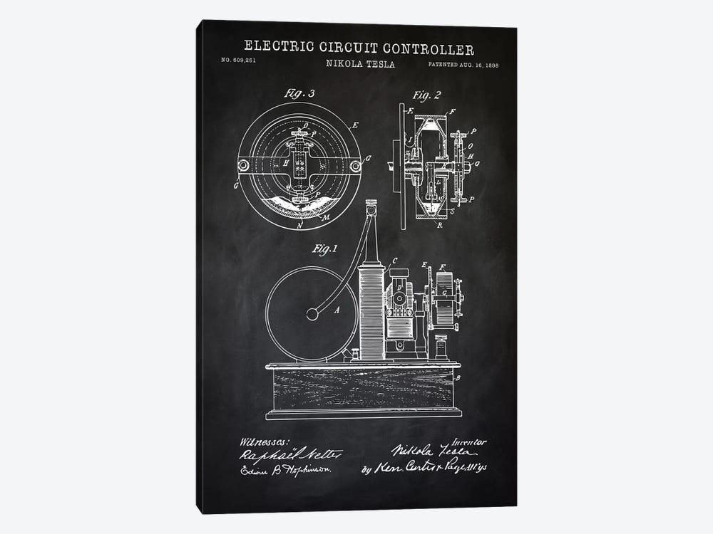 Tesla Electric Circuit Controller, Black by PatentPrintStore 1-piece Canvas Wall Art