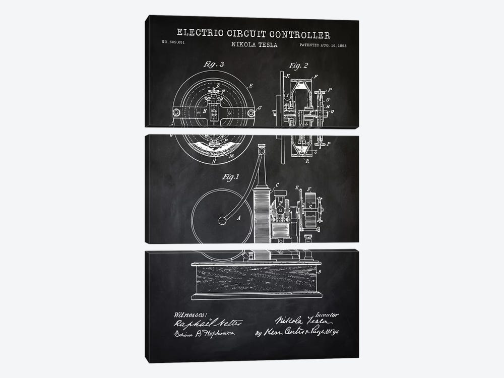 Tesla Electric Circuit Controller, Black by PatentPrintStore 3-piece Canvas Artwork